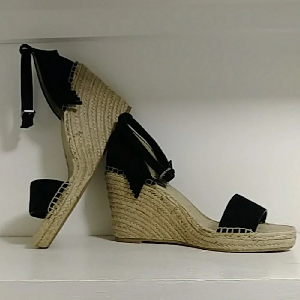 FRYE Fringe Ankle Strap Espadrille Wedges Suede Black Size 10 Fits like a 9.5 - Picture 4 of 7